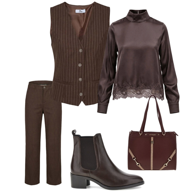 Outfit donna - Cioccolato. Stile Casual chic per Scuola/Università. Abbinamento con bluse, gilet, pantaloni, borse a spalla, stivaletti chelsea.