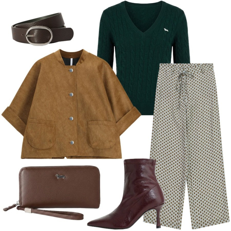 Outfit donna - Total look #2499526. Stile Casual chic per Tutti i giorni. Abbinamento con portafogli, cinture, maglieria, stivaletti, blazer, pantaloni a palazzo.