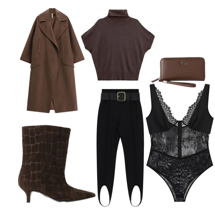 Outfit donna - Total look. Stile Casual chic per Serata fuori. Abbinamento con portafogli, body, stivali, pantaloni, cappotti, t-shirt.