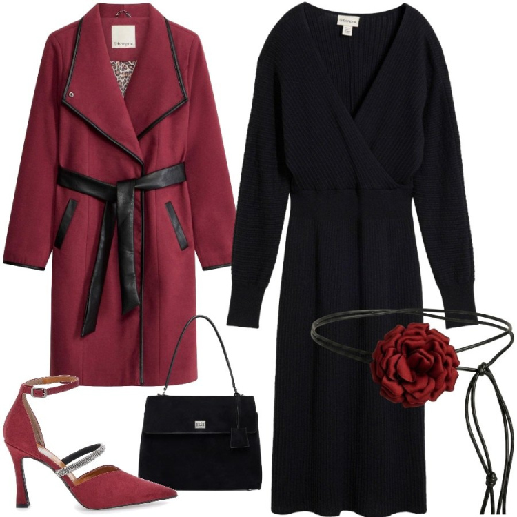 Outfit donna - Pop of Red. Stile Sexy per Serata fuori. Abbinamento con borse a mano, cinture, cappotti, décolleté, vestiti.