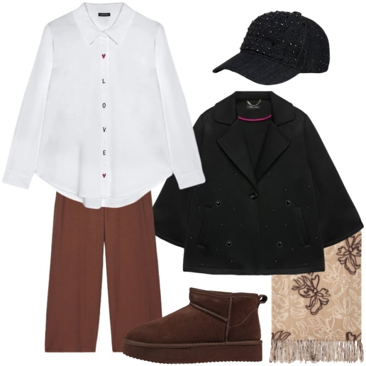 Outfit donna - Total look #2499534. Stile Casual chic per Tutti i giorni. Abbinamento con stivaletti, cappotti, camicie, cappelli con visiera, sciarpe, pantaloni.