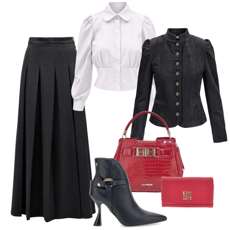 Outfit donna - A cena con I Am. Stile Glamour per Serata fuori. Abbinamento con gonne lunghe, camicie, blazer, stivaletti, borse a mano, portafogli.