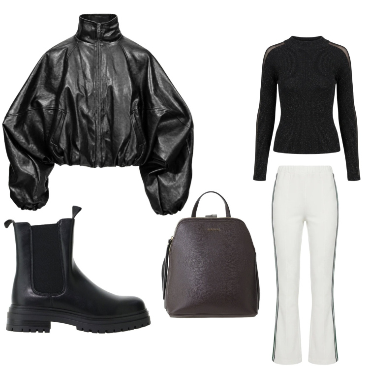 Outfit donna - Total look. Stile Casual per Scuola/Università. Abbinamento con bomber, pantaloni, stivaletti chelsea, zaini, maglieria.