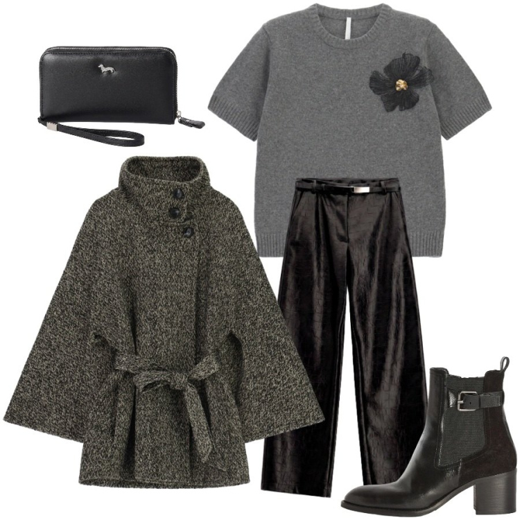 Outfit donna - Grey. Stile Chic per Ufficio. Abbinamento con portafogli, stivaletti, pantaloni, maglieria, cappotti.