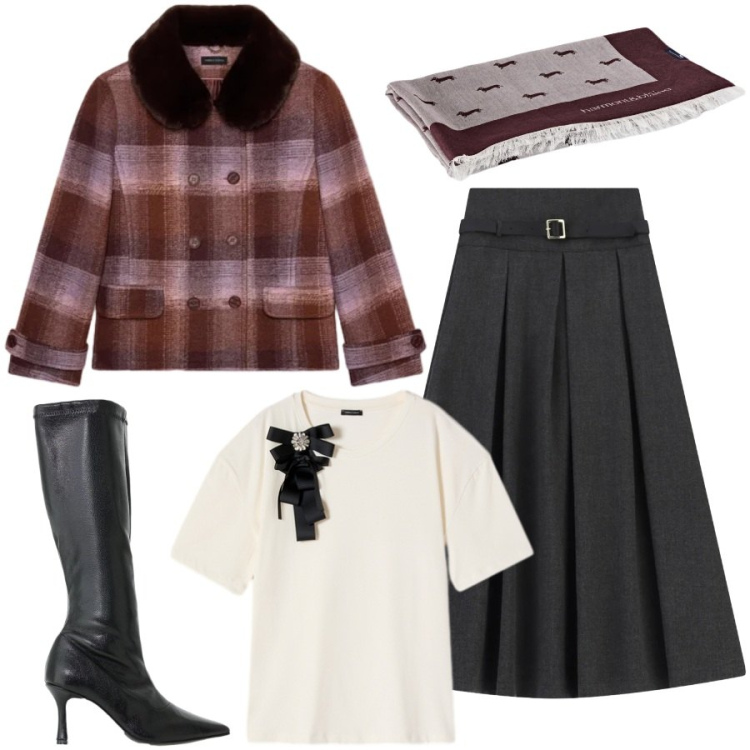 Outfit donna - Total look #2499541. Stile Casual chic per Tutti i giorni. Abbinamento con sciarpe, stivali, gonne lunghe, t-shirt, cappotti.