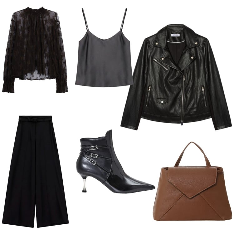 Outfit donna - Total look. Stile Glamour per Serata fuori. Abbinamento con top, borse a mano, bluse, pantaloni a palazzo, giacche, stivaletti.