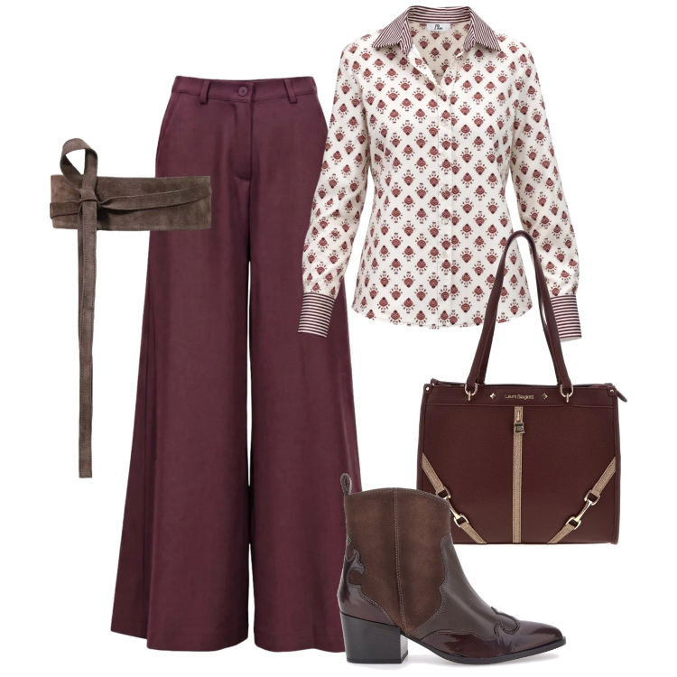 Outfit donna - Tempo libero con stile. Stile Sporty chic per Tutti i giorni. Abbinamento con cinture, pantaloni a palazzo, camicie, stivaletti texani, borse a spalla.