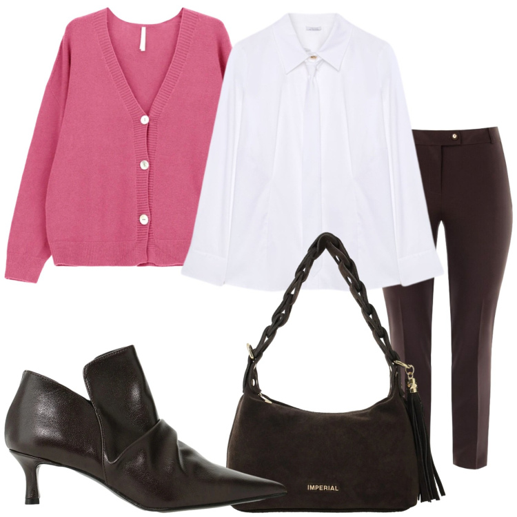 Outfit donna - Rosa e marrone. Stile Trendy per Tutti i giorni. Abbinamento con borse a spalla, stivaletti, cardigans, camicie, pantaloni.