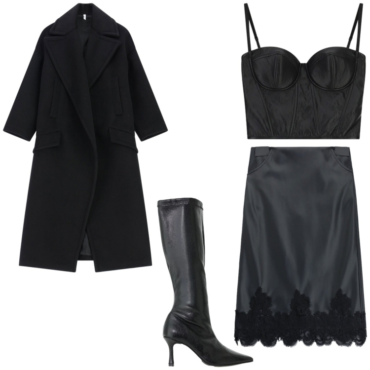 Outfit donna - Total look. Stile Glamour per Serata fuori. Abbinamento con cappotti, stivali, top, gonne longuette.