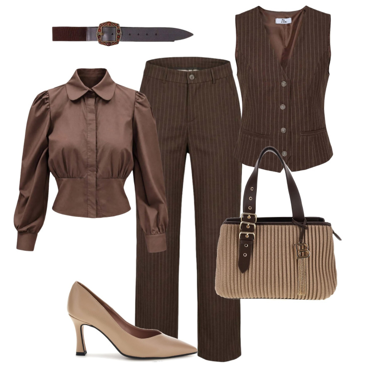 Outfit donna - Ufficio e cena in gessato. Stile Glamour per Tutti i giorni. Abbinamento con camicie, gilet, pantaloni, cinture, borse a mano, décolleté.