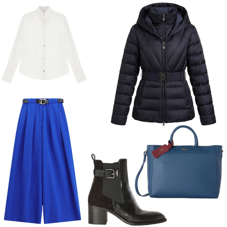 Outfit donna - Total look. Stile Casual per Tutti i giorni. Abbinamento con piumini, borse a mano, stivaletti, camicie, pantaloni a palazzo.