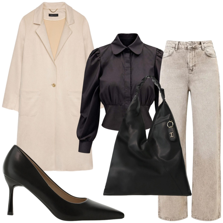 Outfit donna - Minimal. Stile Minimal per Tutti i giorni. Abbinamento con camicie, décolleté, borse a spalla, cappotti, jeans dritti.
