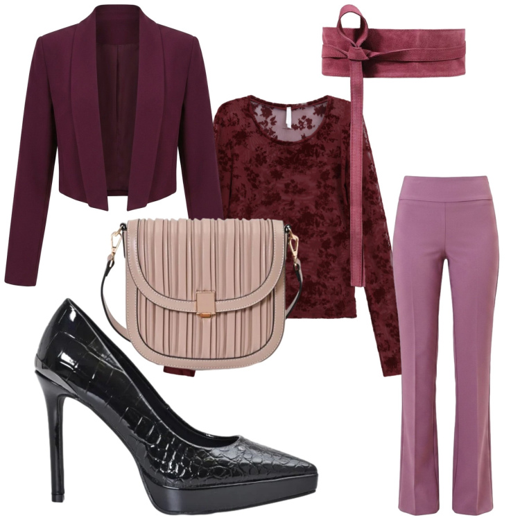 Outfit donna - Caso. Stile Casual per Tutti i giorni. Abbinamento con cinture, top, borse a tracolla, décolleté, blazer, pantaloni.