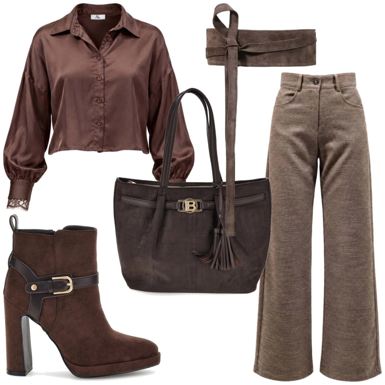 Outfit donna - Total brown. Stile Casual chic per Tutti i giorni. Abbinamento con cinture, pantaloni, camicie, shopping bag, stivaletti.