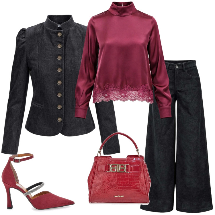 Outfit donna - Autunno I AM. Stile Casual chic per Serata fuori. Abbinamento con blazer, bluse, pantaloni a palazzo, décolleté, borse a mano.