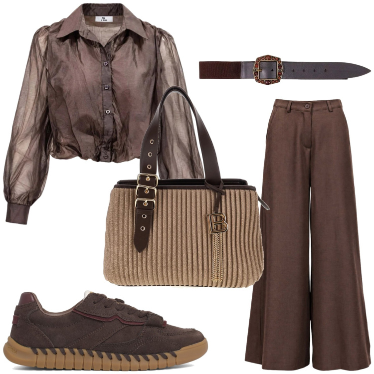 Outfit donna - Brownie. Stile Casual chic per Tutti i giorni. Abbinamento con camicie, cinture, pantaloni a palazzo, sneakers, borse a mano.