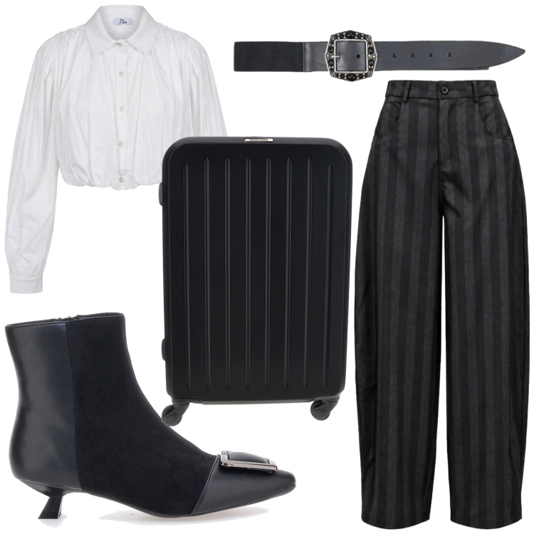 Outfit donna - Viaggio di lavoro. Stile Casual per Tutti i giorni. Abbinamento con cinture, pantaloni, camicie, stivaletti, valigie.