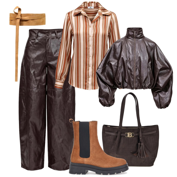 Outfit donna - Autunno urbano. Stile Urban per Tutti i giorni. Abbinamento con cinture, pantaloni a palazzo, bomber, camicie, stivaletti chelsea, shopping bag.