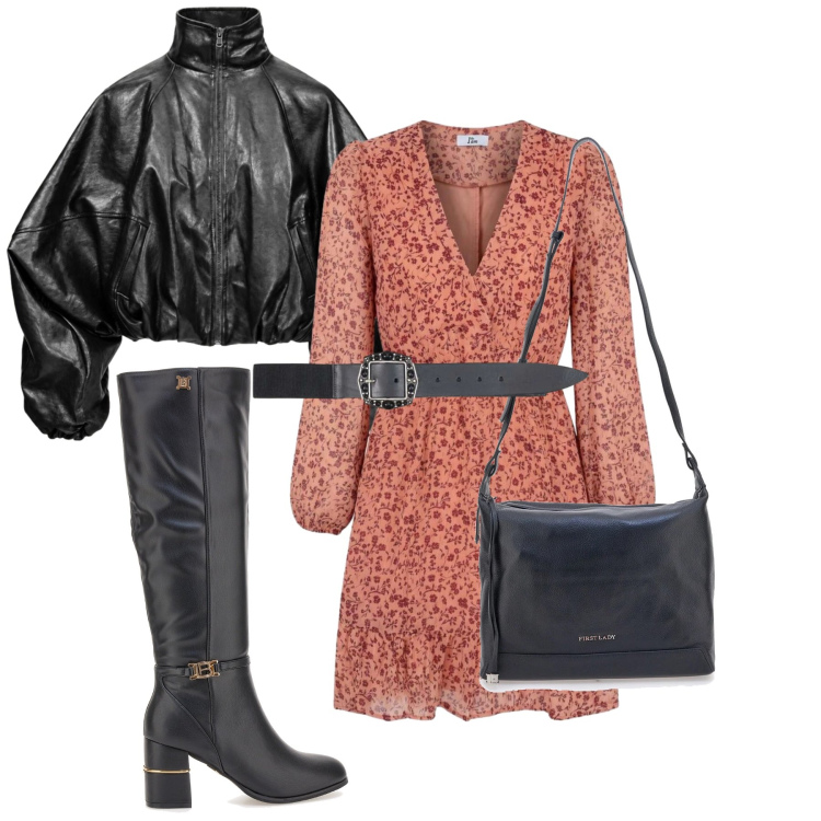 Outfit donna - Fuori. Stile Casual per Tutti i giorni. Abbinamento con cinture, vestiti corti, bomber, stivali, borse a tracolla.