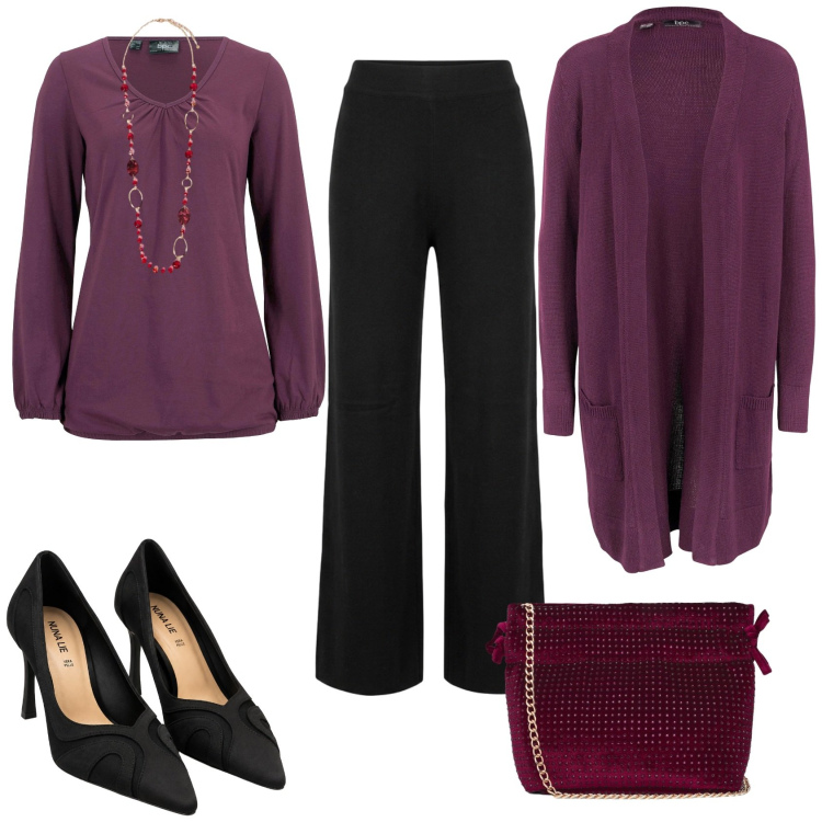 Outfit donna - Total look #2499565. Stile Bon Ton per Serata fuori. Abbinamento con collane, décolleté, pantaloni a palazzo, borse a tracolla, cardigans, maglieria.