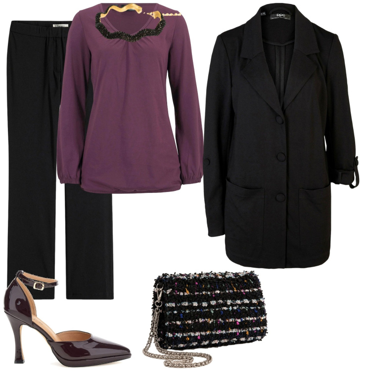 Outfit donna - Total look #2499568. Stile Chic per Serata fuori. Abbinamento con collane, clutch, maglieria, blazer, pantaloni, décolleté.