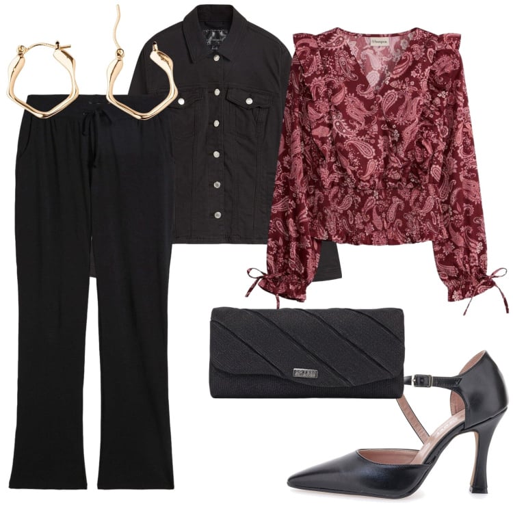 Outfit donna - Aperitivo Glam. Stile Glamour per Serata fuori. Abbinamento con décolleté, pantaloni, blazer, orecchini, bluse, pochette.