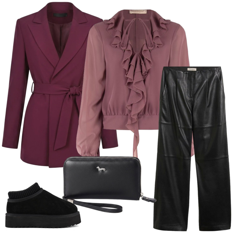 Outfit donna - Aperitivo Glam. Stile Glamour per Tutti i giorni. Abbinamento con portafogli, blazer, bluse, sabot, pantaloni.
