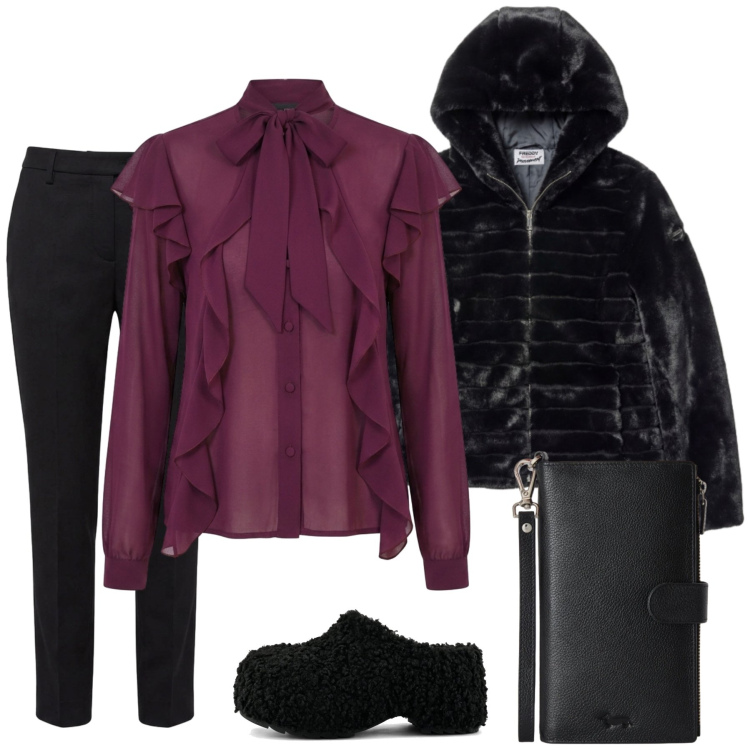 Outfit donna - Aperitivo Glam. Stile Glamour per Serata fuori. Abbinamento con portafogli, pantaloni, blazer, bluse, zoccoli.