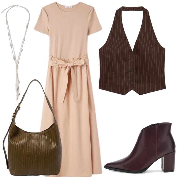 Outfit donna - Stile Boho Chic. Stile Casual chic per Tutti i giorni. Abbinamento con collane, borse a spalla, vestiti lunghi, gilet, stivaletti.