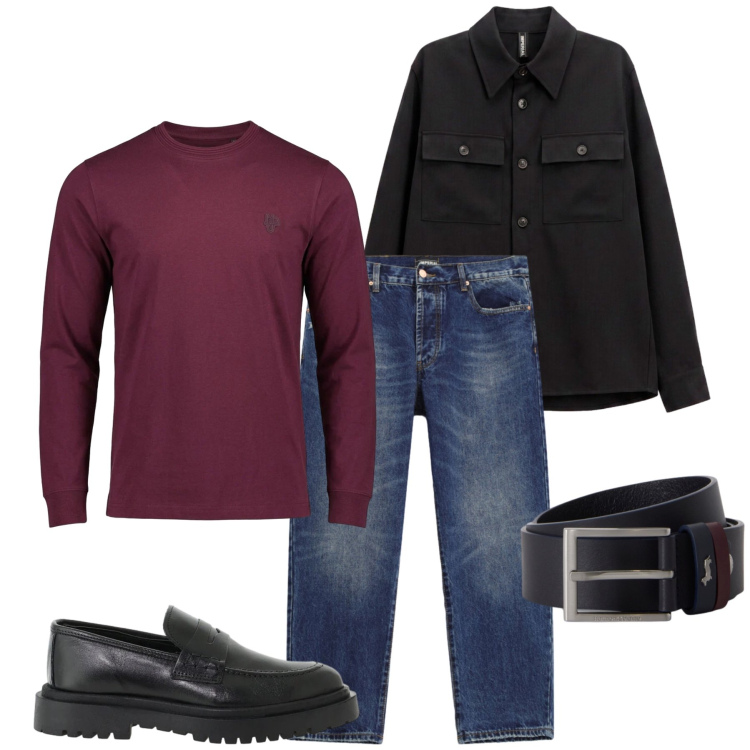 Outfit uomo - Total look #2499579. Stile Casual per Tutti i giorni. Abbinamento con cinture, t-shirt, cappotti, scarpe stringate, jeans dritti.