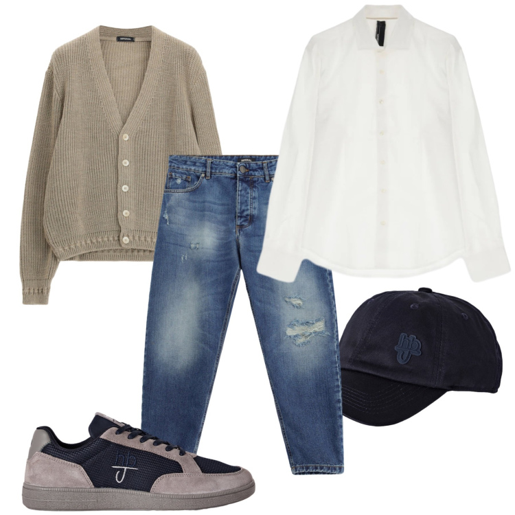 Outfit uomo - Total look #2499583. Stile Casual per Tutti i giorni. Abbinamento con sneakers, cappelli con visiera, cardigans, jeans strappati, camicie.