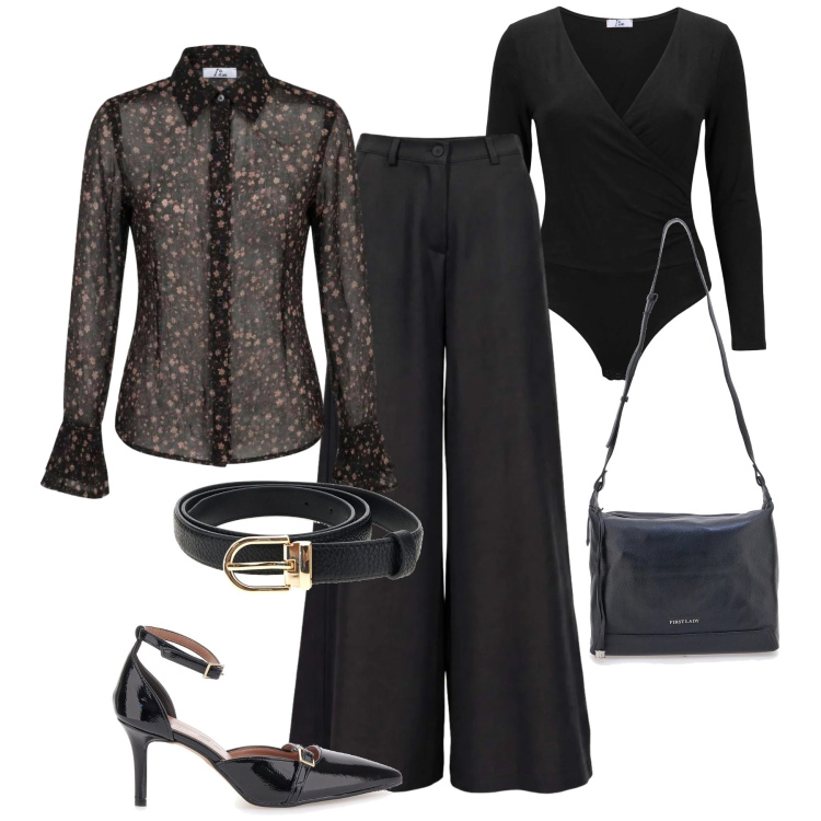 Outfit donna - Serata I Am. Stile Glamour per Serata fuori. Abbinamento con camicie, pantaloni a palazzo, body, décolleté, borse a tracolla, cinture.