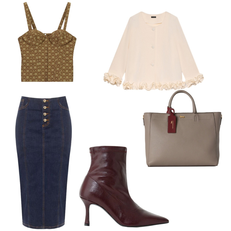 Outfit donna - Total look #2499587. Stile Casual chic per Serata fuori. Abbinamento con borse a mano, stivaletti, top, cardigans, gonne longuette.