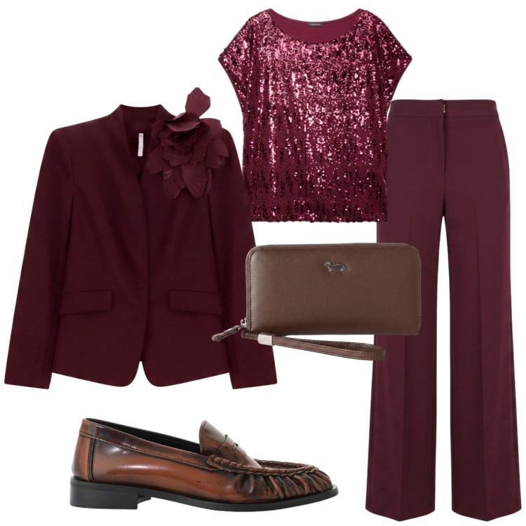 Outfit donna - Casual chic. Stile Casual chic per Tutti i giorni. Abbinamento con portafogli, mocassini, blazer, t-shirt, pantaloni a palazzo.
