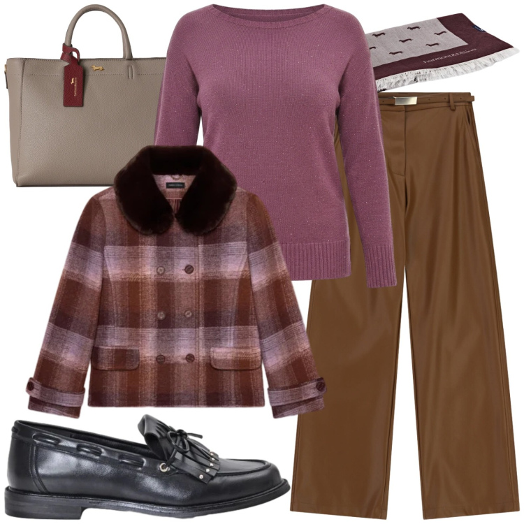 Outfit donna - Casual. Stile Casual per Tutti i giorni. Abbinamento con borse a mano, sciarpe, pantaloni, cappotti, mocassini, maglieria.