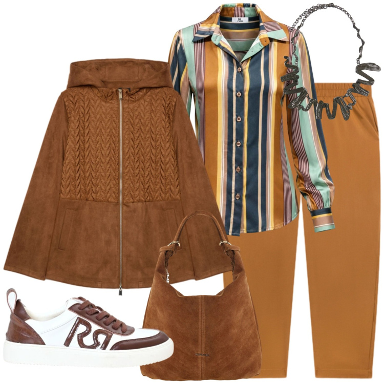 Outfit donna - Casual. Stile Casual per Tutti i giorni. Abbinamento con camicie, borse a spalla, blazer, pantaloni, ciondoli, sneakers.