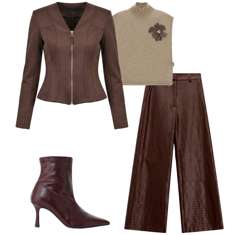 Outfit donna - Total look #2499594. Stile Chic per Ufficio. Abbinamento con pantaloni a palazzo, maglieria, stivaletti, blazer.