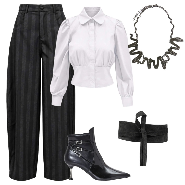 Outfit donna - Work. Stile Casual chic per Ufficio. Abbinamento con camicie, cinture, pantaloni, ciondoli, stivaletti.