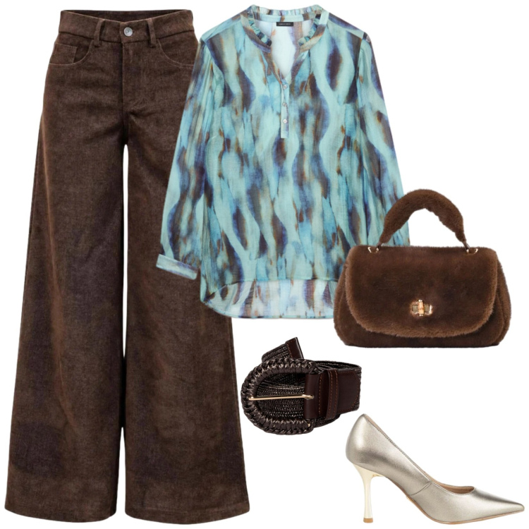 Outfit donna - Casual look bold colours. Stile Casual chic per Tutti i giorni. Abbinamento con pantaloni a palazzo, cinture, bluse, borse a mano, décolleté.