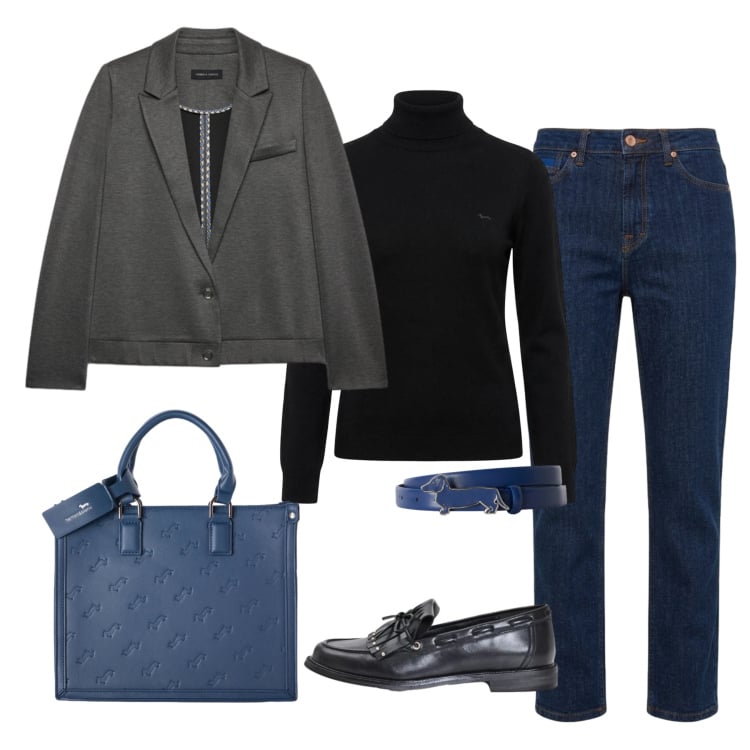 Outfit donna - Nero Blu. Stile Casual chic per Tutti i giorni. Abbinamento con borse a mano, cinture, jeans, pullovers, blazer, mocassini.