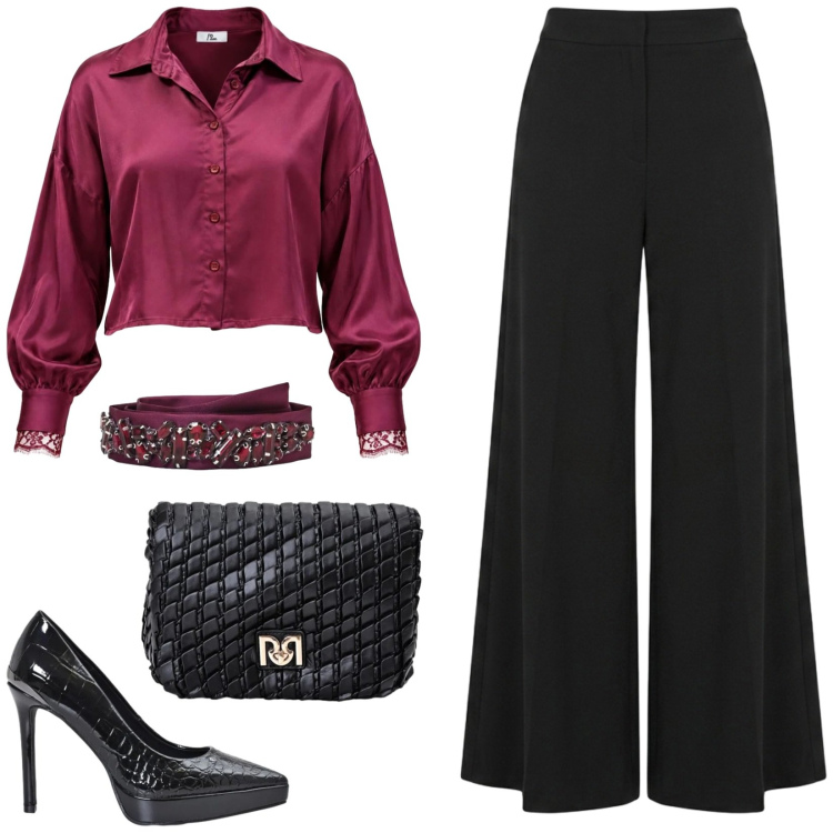 Outfit donna - Burgundy. Stile Casual chic per Ufficio. Abbinamento con camicie, borse a tracolla, décolleté, pantaloni, cinture.