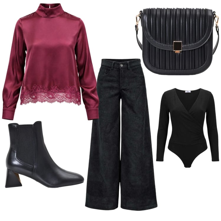 Outfit donna - Winter Glam. Stile Glamour per Serata fuori. Abbinamento con pantaloni a palazzo, bluse, body, stivaletti, borse a tracolla.