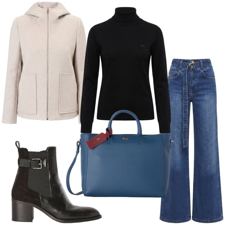Outfit donna - Minimalismo Anni '90. Stile Urban per Tutti i giorni. Abbinamento con borse a mano, pullovers, stivaletti, jeans, blazer.