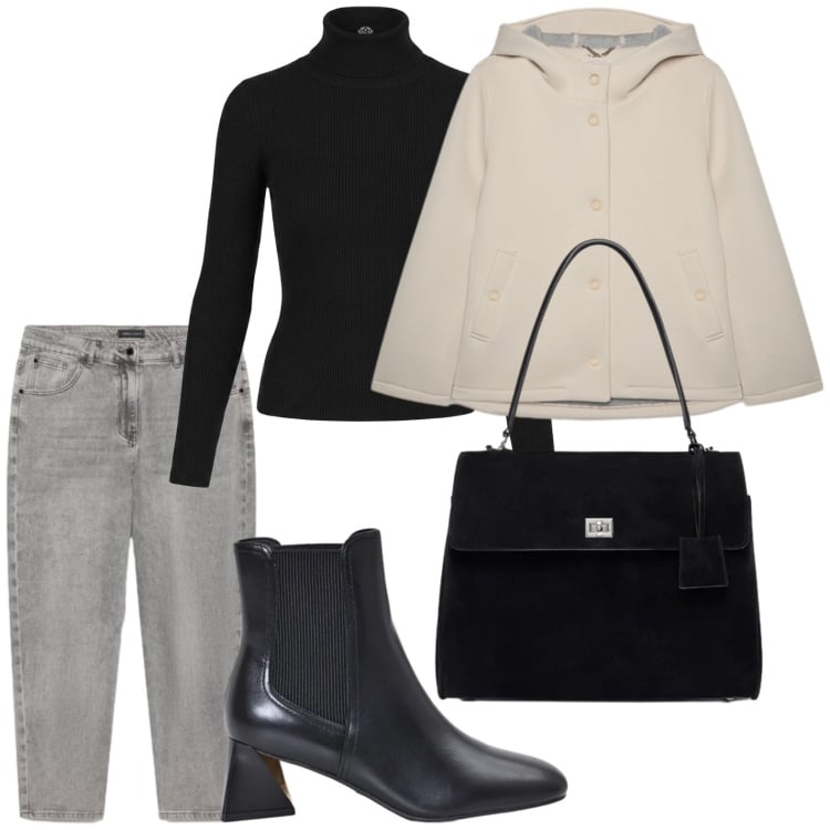 Outfit donna - Minimalismo anni '90. Stile Casual per Ufficio. Abbinamento con jeans mom, blazer, borse a mano, stivaletti, pullovers.