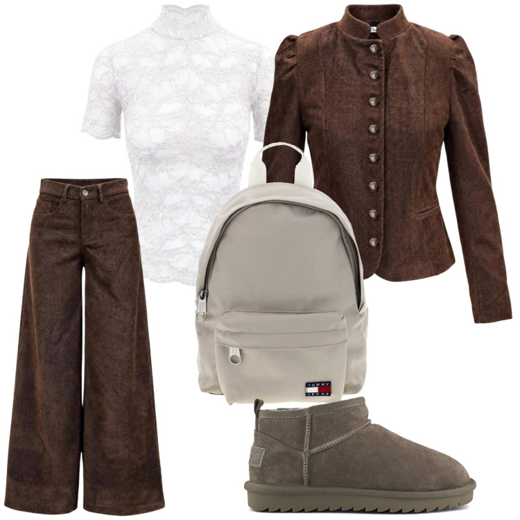 Outfit donna - Autunno I AM. Stile Casual per Ufficio. Abbinamento con pantaloni a palazzo, blazer, top, stivali, zaini.