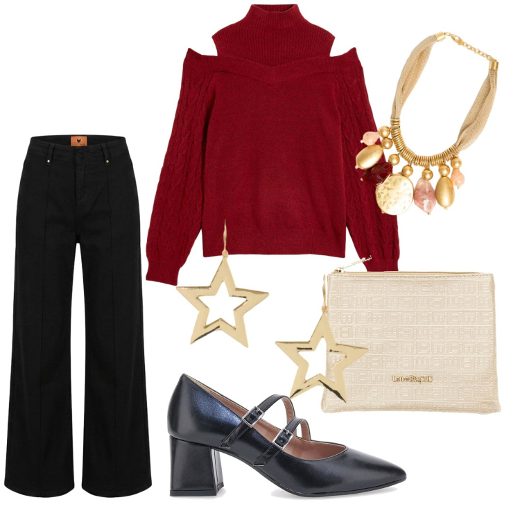 Outfit donna - Aperitivo glam. Stile Casual per Serata fuori. Abbinamento con orecchini, pantaloni, collane, décolleté, pochette, maglieria.