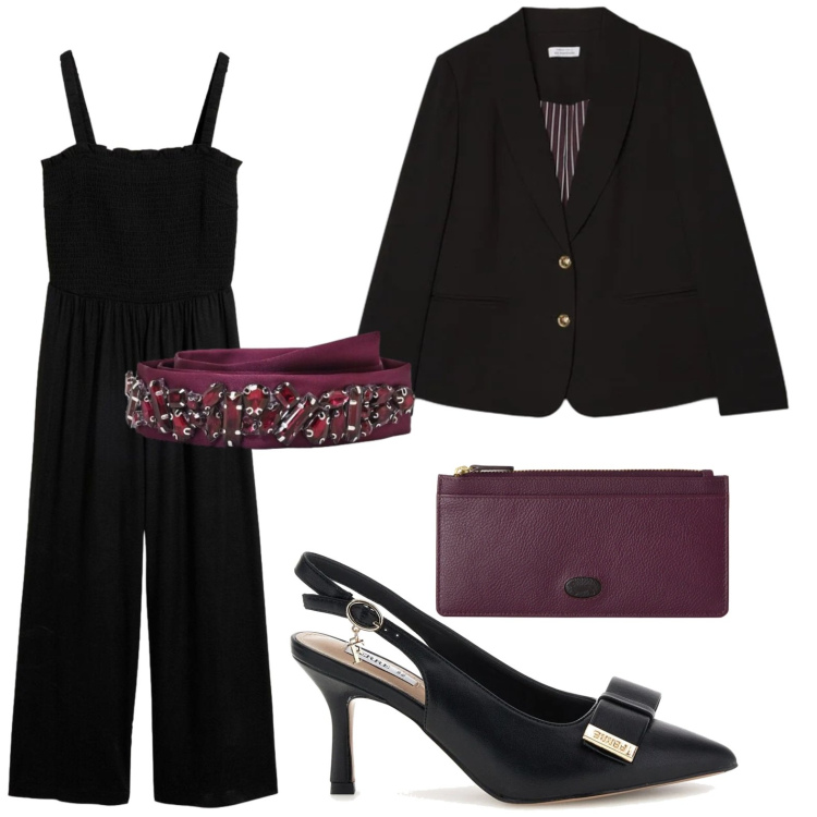 Outfit donna - Pop of red. Stile Trendy per Serata fuori. Abbinamento con portafogli, blazer, cinture, décolleté, tute.