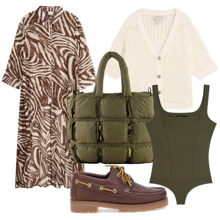 Outfit donna - Sunday brunch in città. Stile Trendy per Tutti i giorni. Abbinamento con body, borse a mano, mocassini, cardigans, vestiti chemisier.