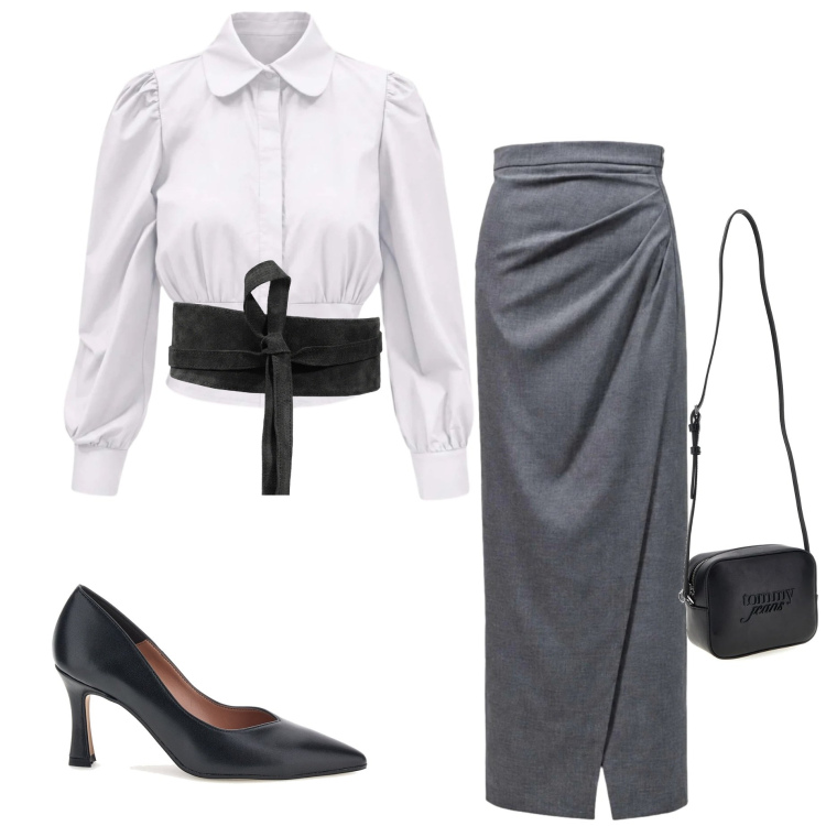 Outfit donna - Autunno con I AM. Stile Casual chic per Serata fuori. Abbinamento con camicie, cinture, gonne lunghe, borse a tracolla, décolleté.