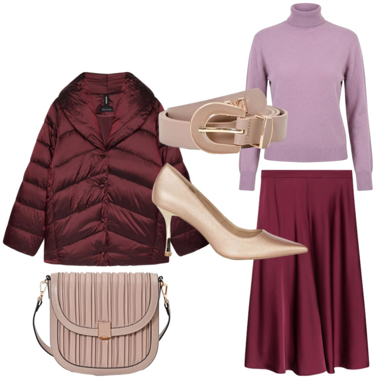 Outfit donna - Bordeaux e rosa cipria. Stile Casual per Tutti i giorni. Abbinamento con gonne, piumini, borse a tracolla, cinture, décolleté, pullovers.